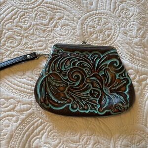 Patricia Nash Brown and Teal Embossed Clutch